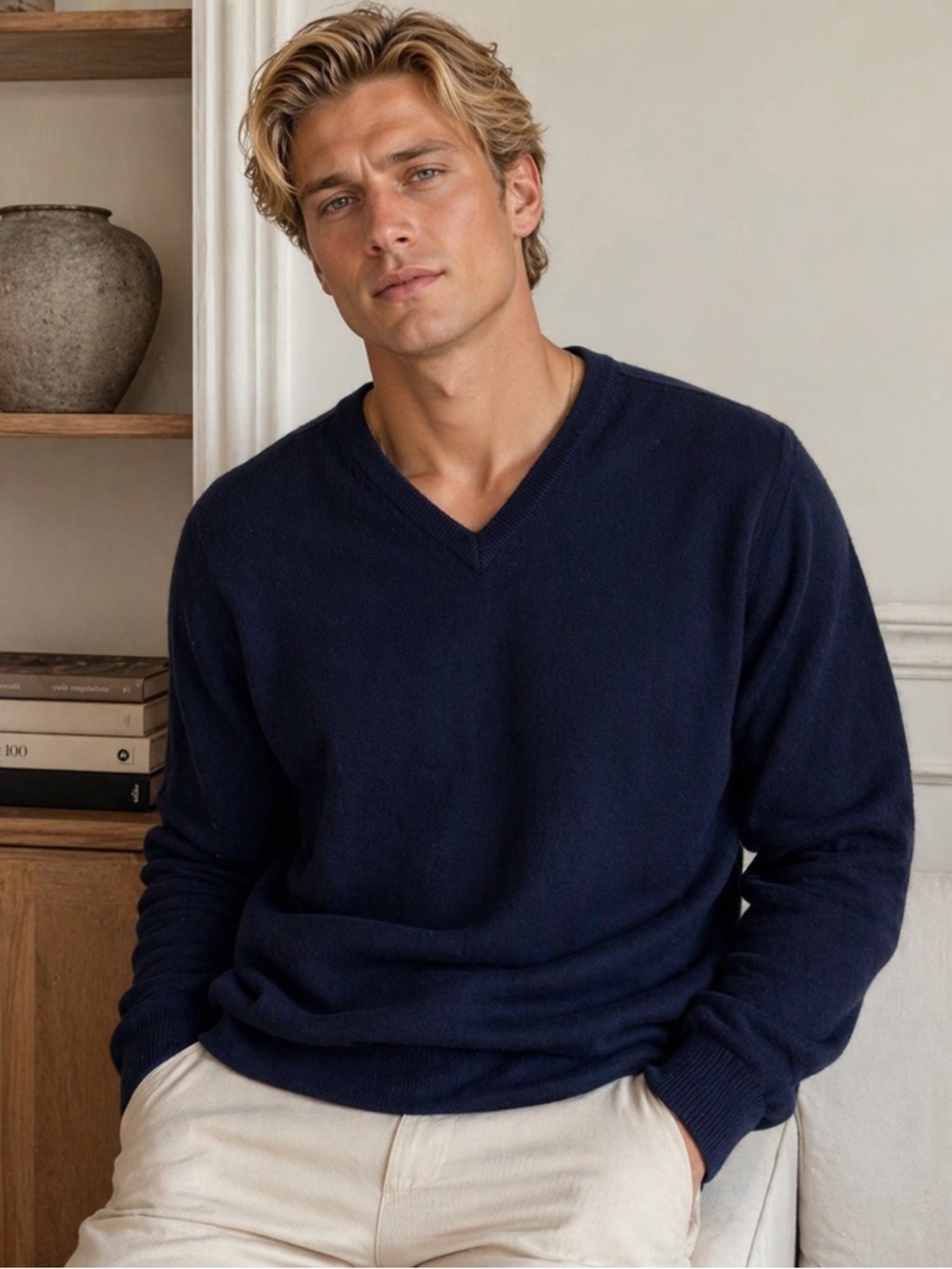 Bergdorf Goodman Navy Blue V-Neck 100% Cashmere Made in Scotland Sz L